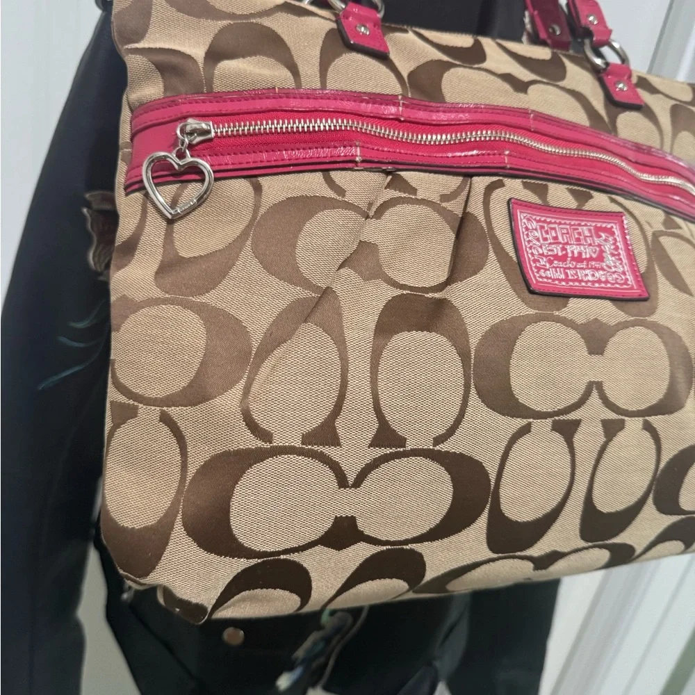 Coach Poppy Brown and Fuchsia Canvas Tote